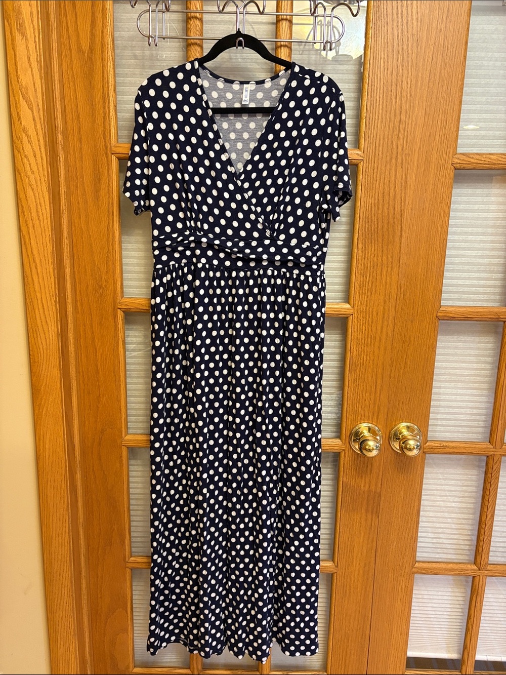 Navy Polka Dot Wrap-Style Maxi Dress with Pockets